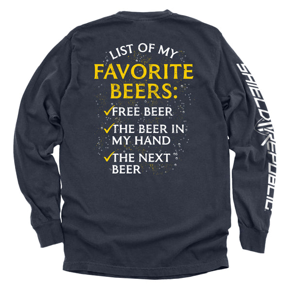 Navy graphic long-sleeve shirt, back print: “List of My Favorite Beers”