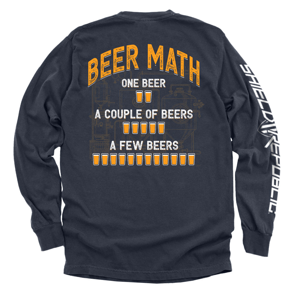 Graphic navy long-sleeve shirt with orange beer-themed back print and white sleeve stripe