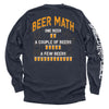 Graphic navy long-sleeve shirt with orange beer-themed back print and white sleeve stripe