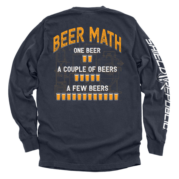 Graphic navy long-sleeve shirt with orange beer-themed back print and white sleeve stripe
