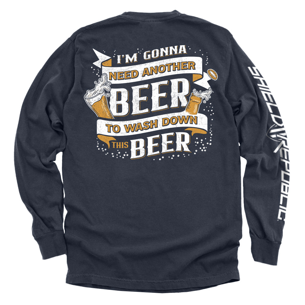 Navy long-sleeve T-shirt with back beer slogan graphic and white side logo stripe