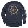 Navy graphic long-sleeve shirt with circular bourbon-barrel slogan print on back
