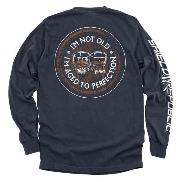 Navy graphic long-sleeve shirt with circular bourbon-barrel slogan print on back