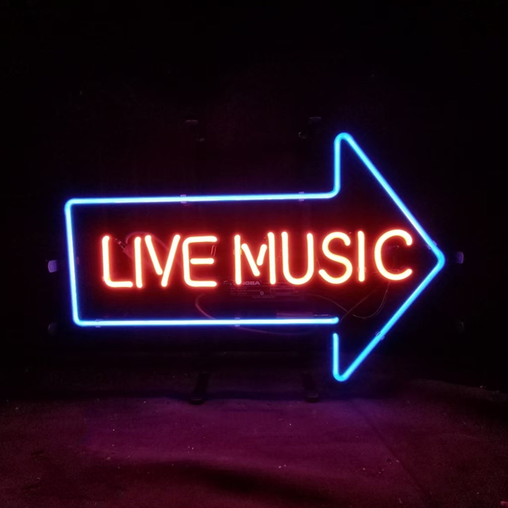 Neon sign with right arrow reading LIVE MUSIC, blue outline and red letter glow