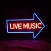 Neon sign with right arrow reading LIVE MUSIC, blue outline and red letter glow