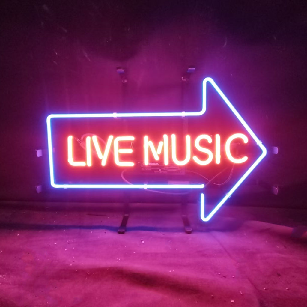 Neon sign with right arrow and LIVE MUSIC text, blue outline and pink glow