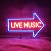 Neon sign with right arrow and LIVE MUSIC text, blue outline and pink glow