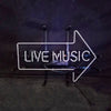 Neon sign with right arrow and LIVE MUSIC text, white outline with dim cool glow