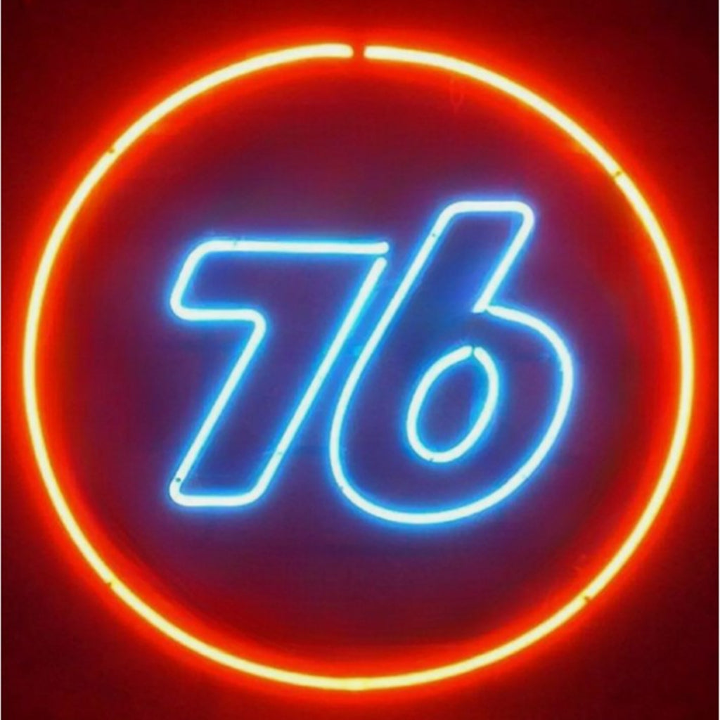 Union 76 fuel gas neon sign, circular ring with glowing blue 76 numbers