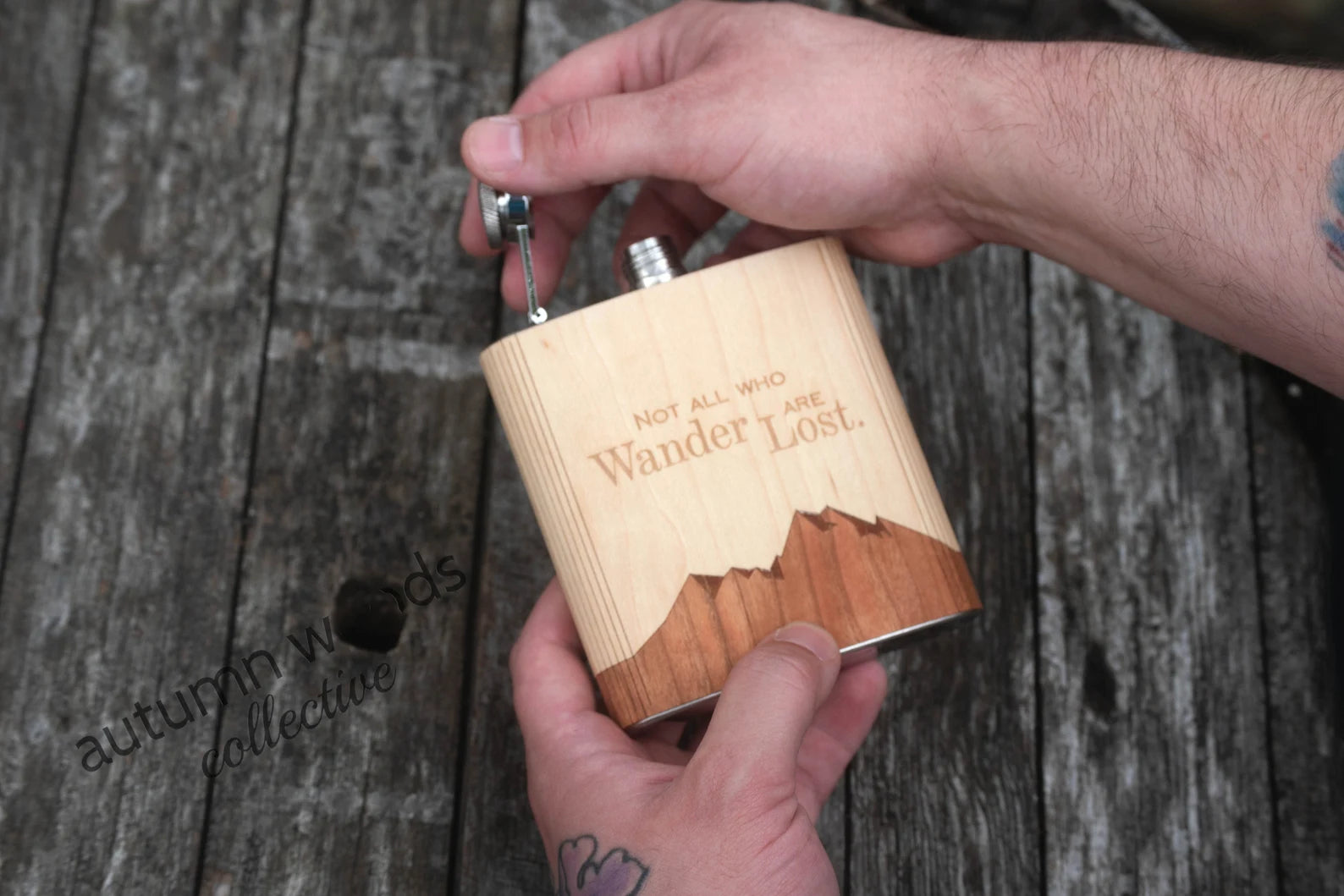 Not All Who Wander Are Lost - Wooden Hip Flask For the Bar Autumn Woods