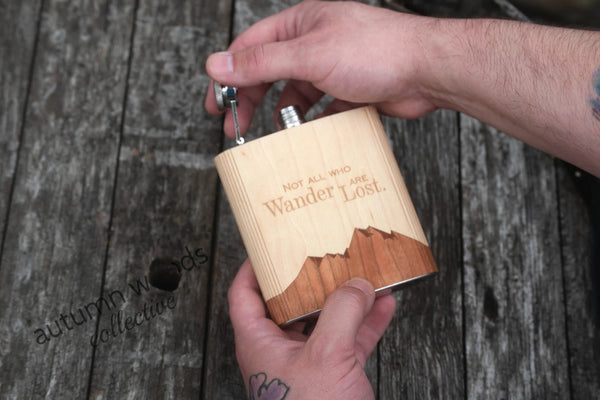 Not All Who Wander Are Lost - Wooden Hip Flask For the Bar Autumn Woods