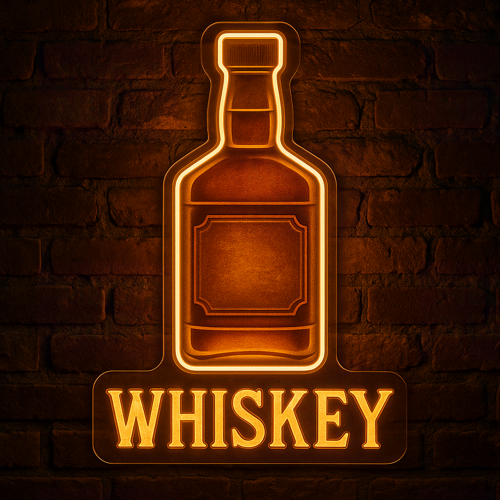 LED neon whiskey bottle sign with WHISKEY text, warm amber glow