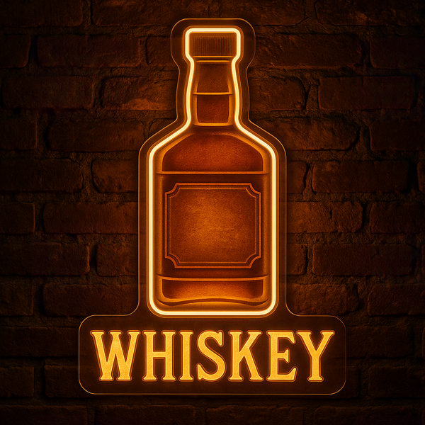 LED neon whiskey bottle sign with WHISKEY text, warm amber glow