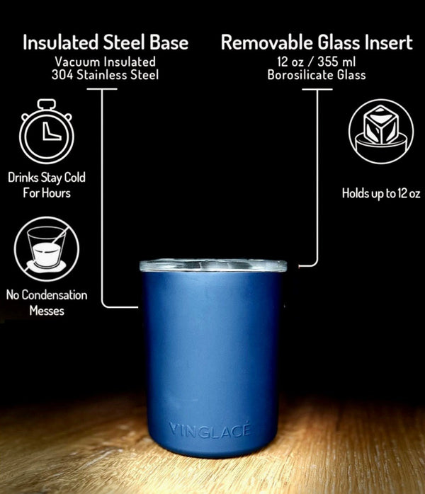 Blue insulated whiskey lowball tumbler with clear rim and removable glass insert