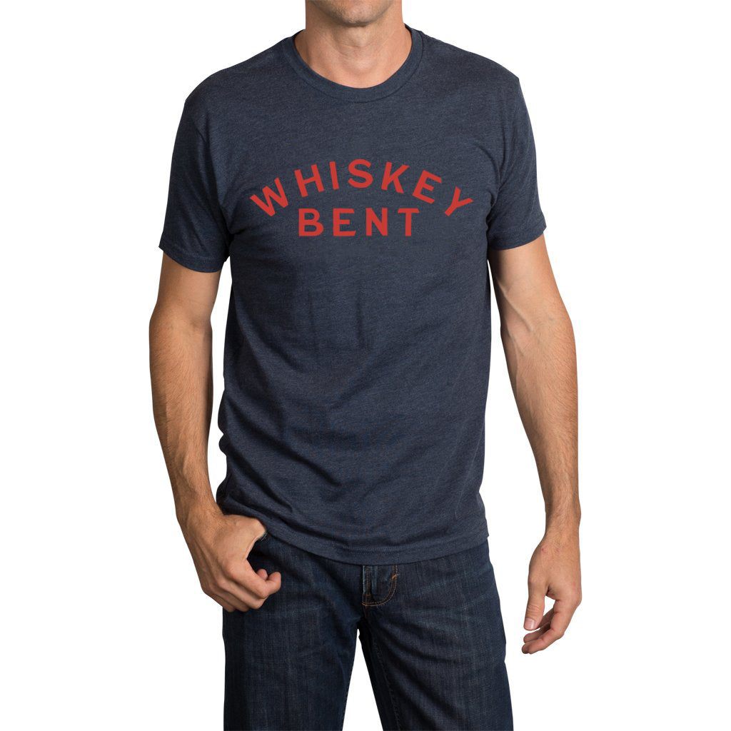 Midnight navy crewneck T-shirt with Whiskey Bent chest graphic, orange text