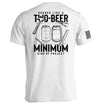 White graphic T-shirt, back print of two beer cans with bold "MINIMUM" text; small sleeve stripe