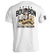 White crewneck tee with back Drink Bourbon graphic, whiskey bottle and DEFEND FREEDOM