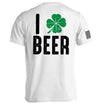 White T-shirt with back print "I BEER" and green clover graphic