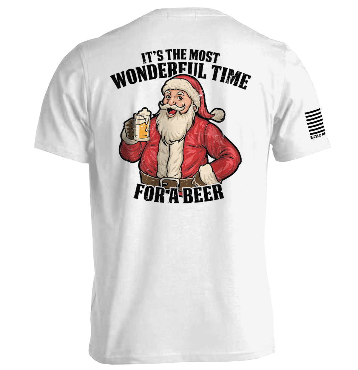 White T-shirt with Santa beer graphic on back and black sleeve stripe text