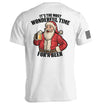 White T-shirt with Santa beer graphic on back and black sleeve stripe text