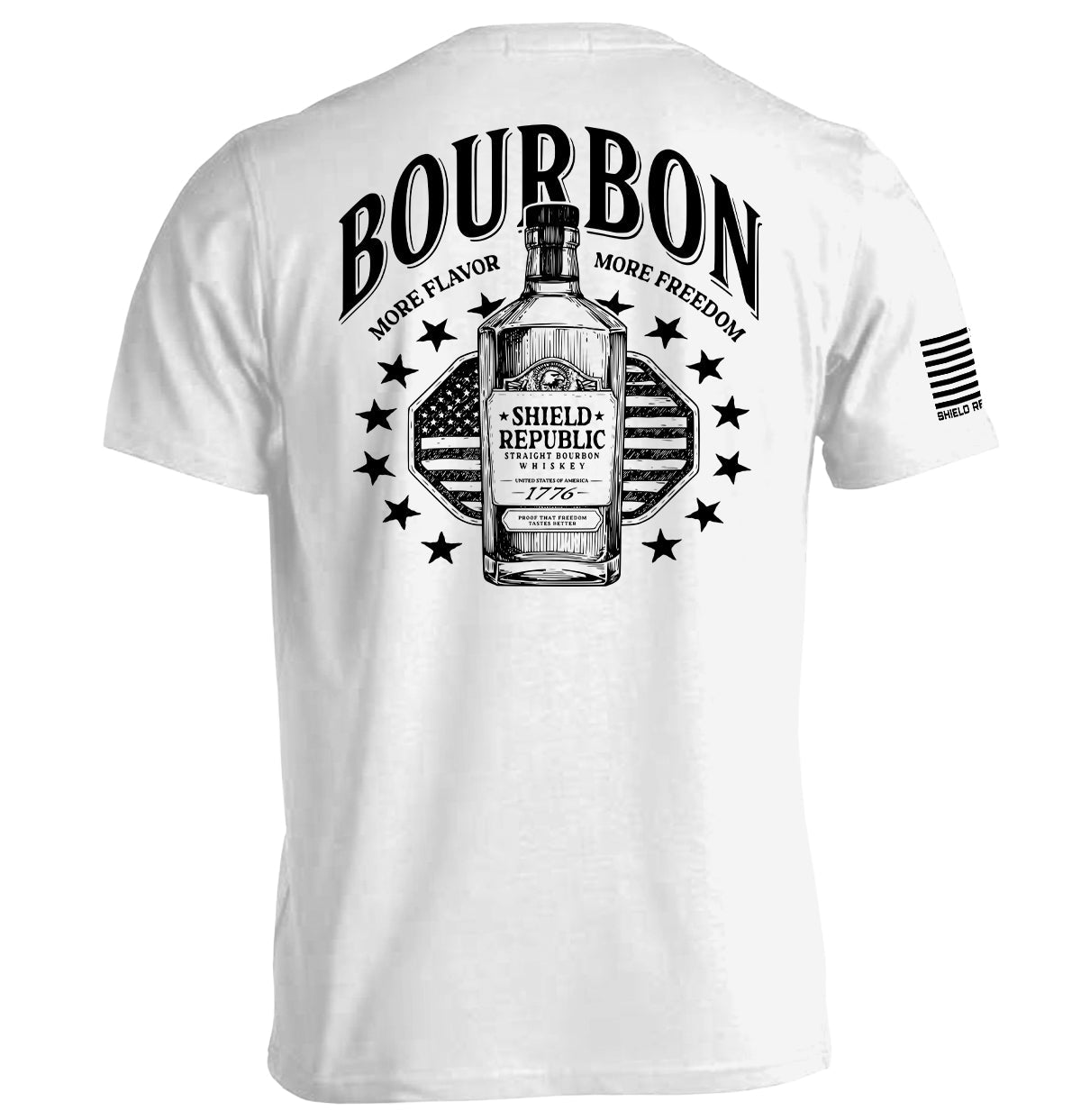 White back graphic T-shirt with bottle and stars emblem, short sleeves