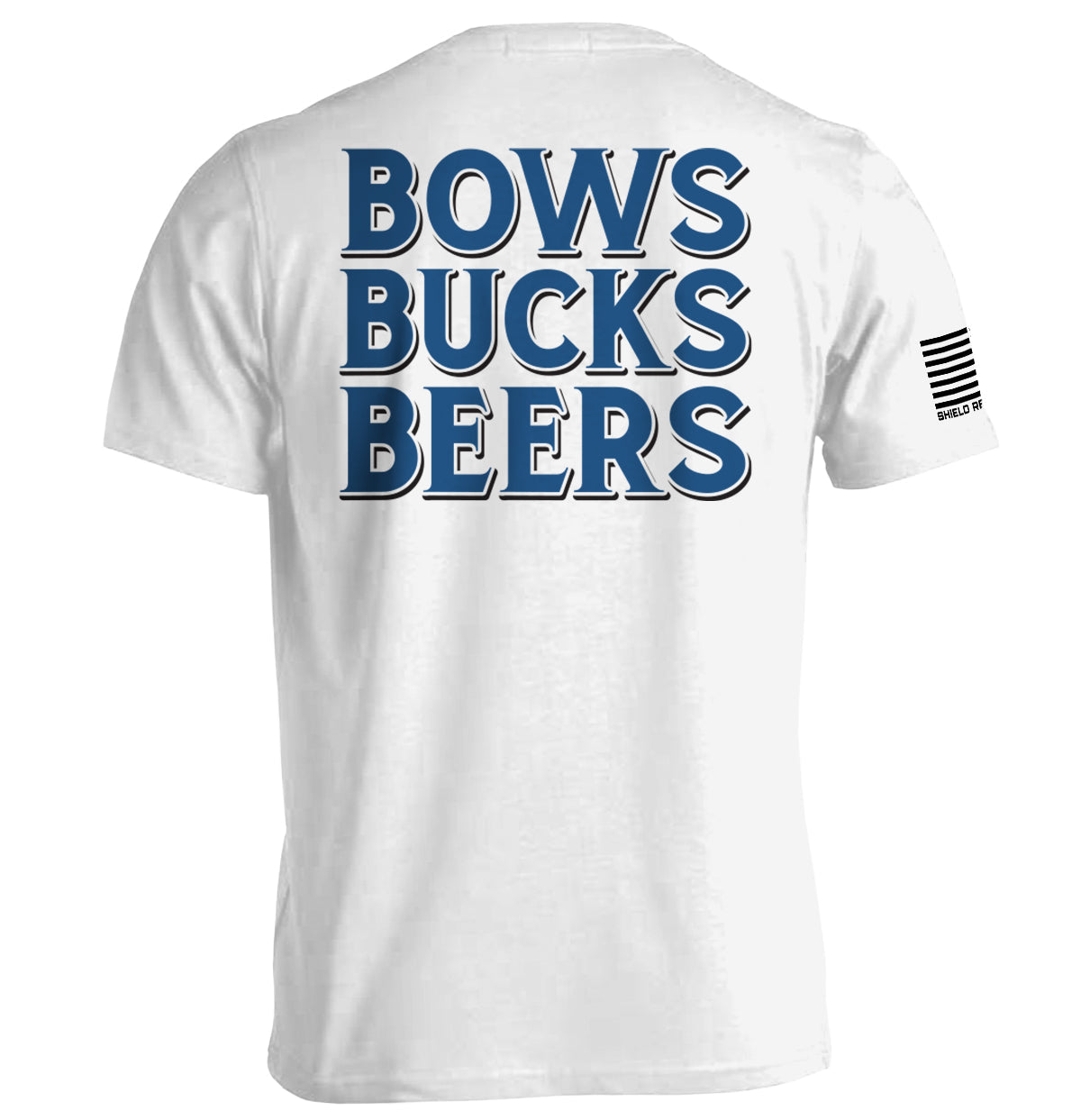 White T-shirt, back graphic 'BOWS BUCKS BEERS' in dark blue