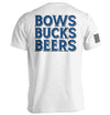 White T-shirt, back graphic 'BOWS BUCKS BEERS' in dark blue