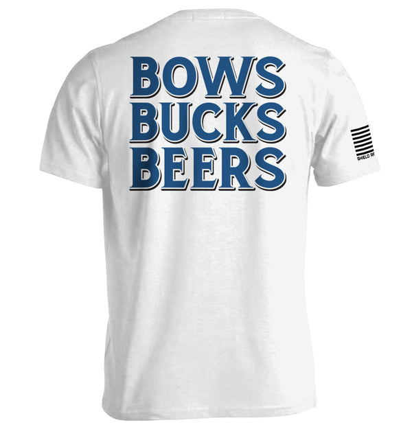 White T-shirt, back graphic 'BOWS BUCKS BEERS' in dark blue