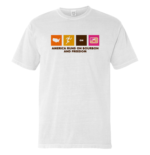 White T-shirt with multicolor “America Runs on Bourbon and Freedom” front graphic