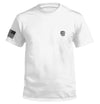 White T-shirt with small chest logo on front; U.S. flag patch on sleeve