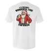 White T-shirt with Santa beer graphic on back and centered black slogan text