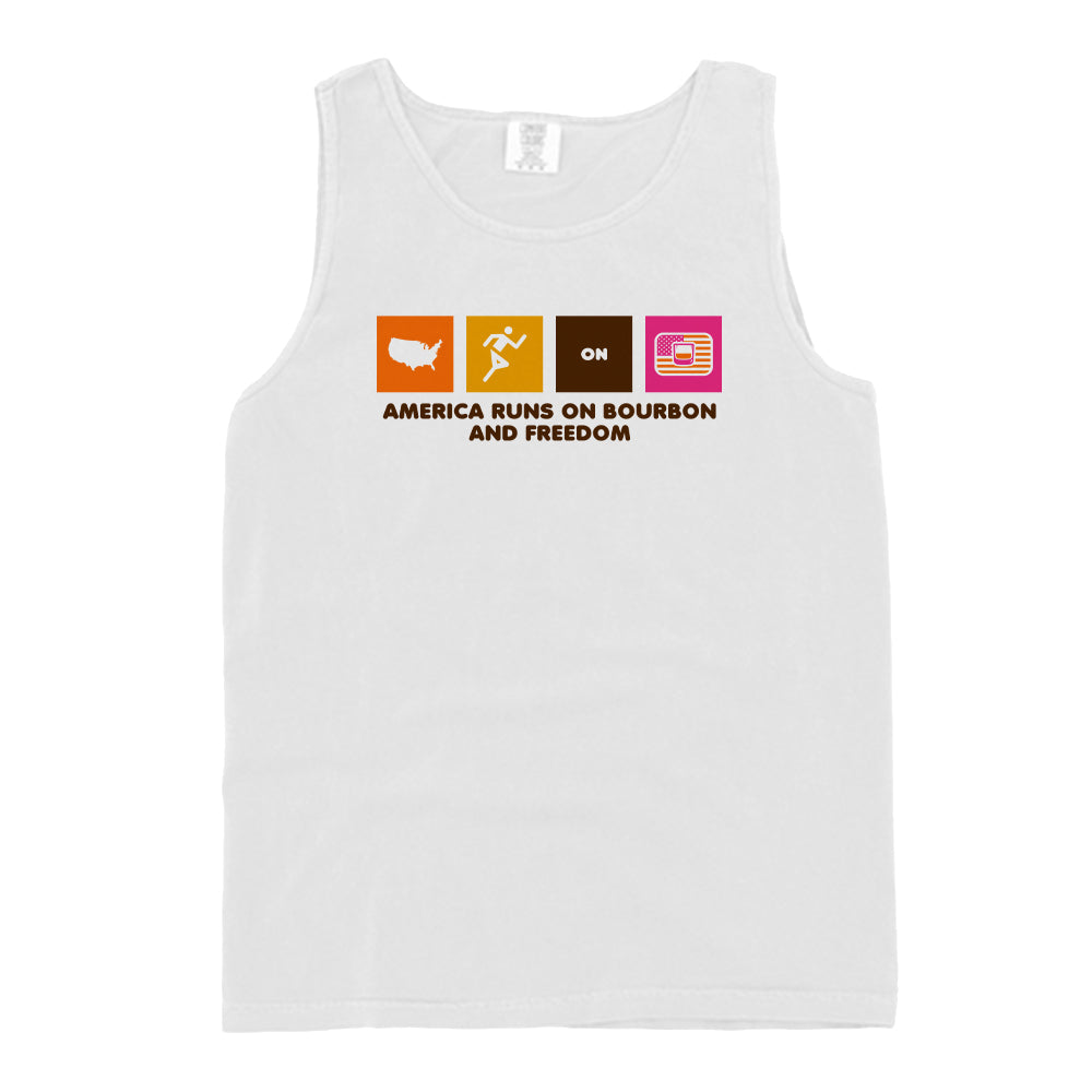 White sleeveless tank top with multicolor “America Runs on Bourbon and Freedom” front print