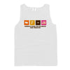 White sleeveless tank top with multicolor “America Runs on Bourbon and Freedom” front print