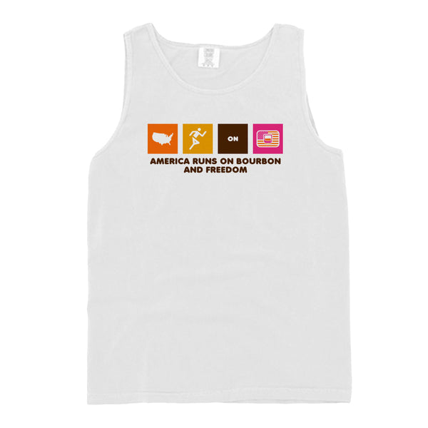 White sleeveless tank top with multicolor “America Runs on Bourbon and Freedom” front print