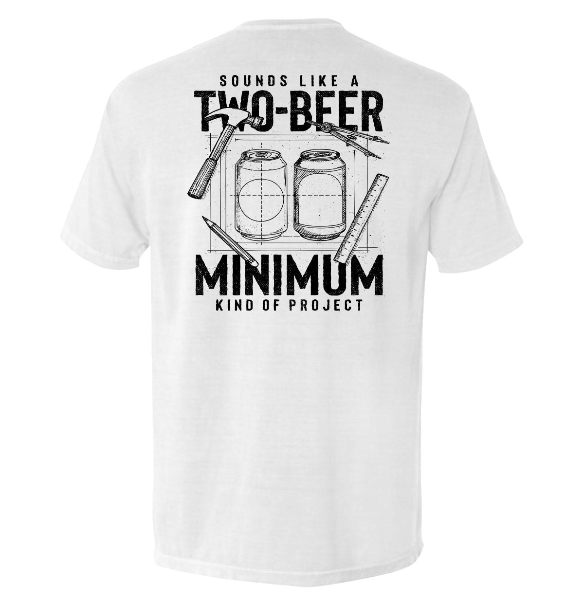 Two-beer minimum graphic T-shirt, light back print with two beer cans