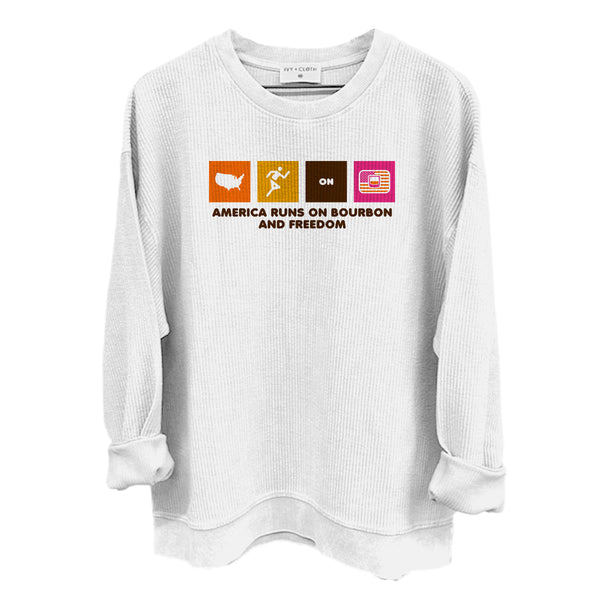 Light gray long-sleeve thermal top with multicolor “America Runs on Bourbon and Freedom” print