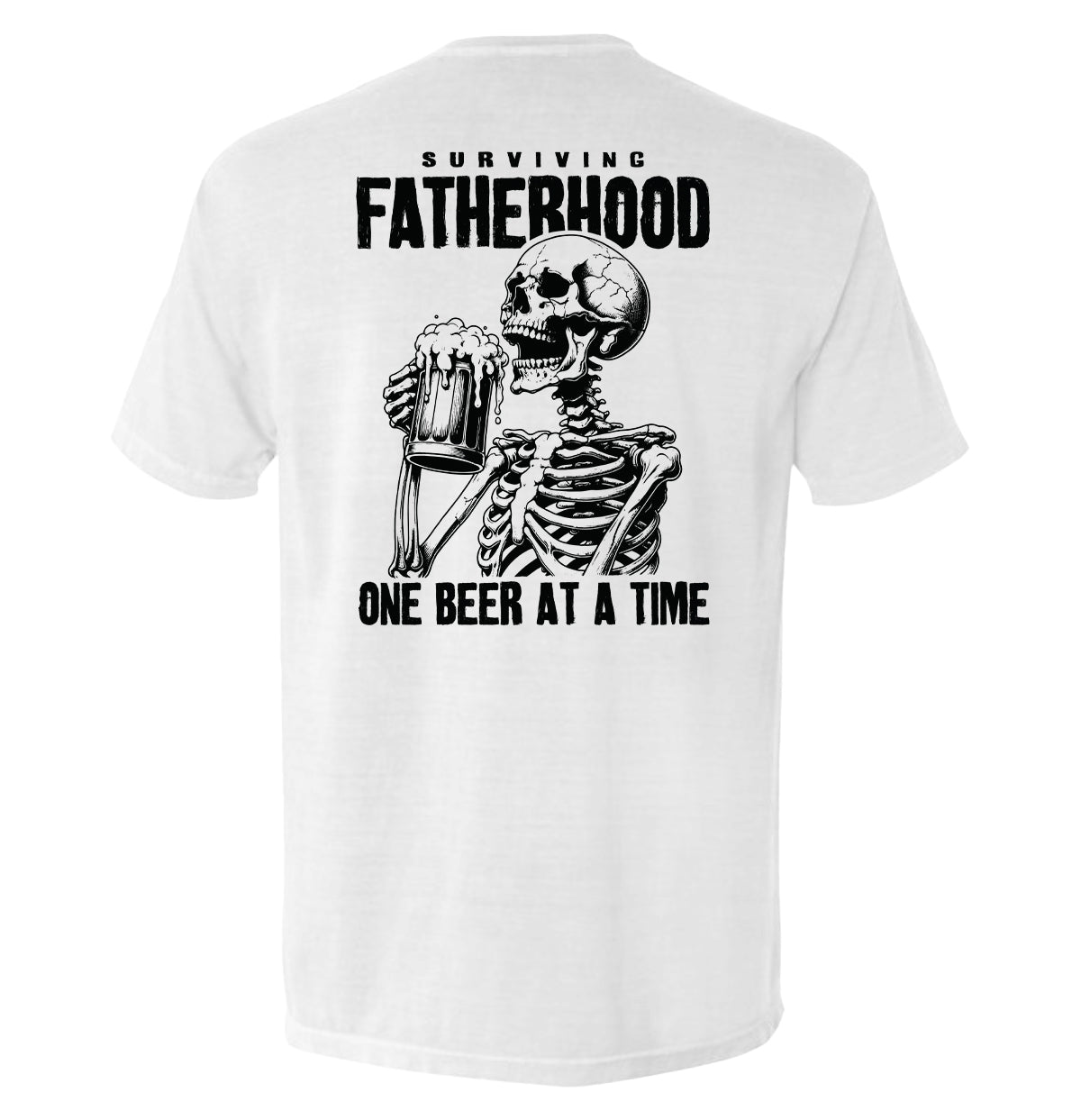 White T-shirt with skeleton holding beer and 'Surviving Fatherhood' back graphic