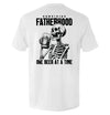 White T-shirt with skeleton holding beer and 'Surviving Fatherhood' back graphic