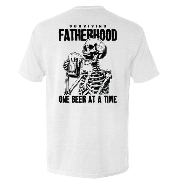 White T-shirt with skeleton holding beer and 'Surviving Fatherhood' back graphic