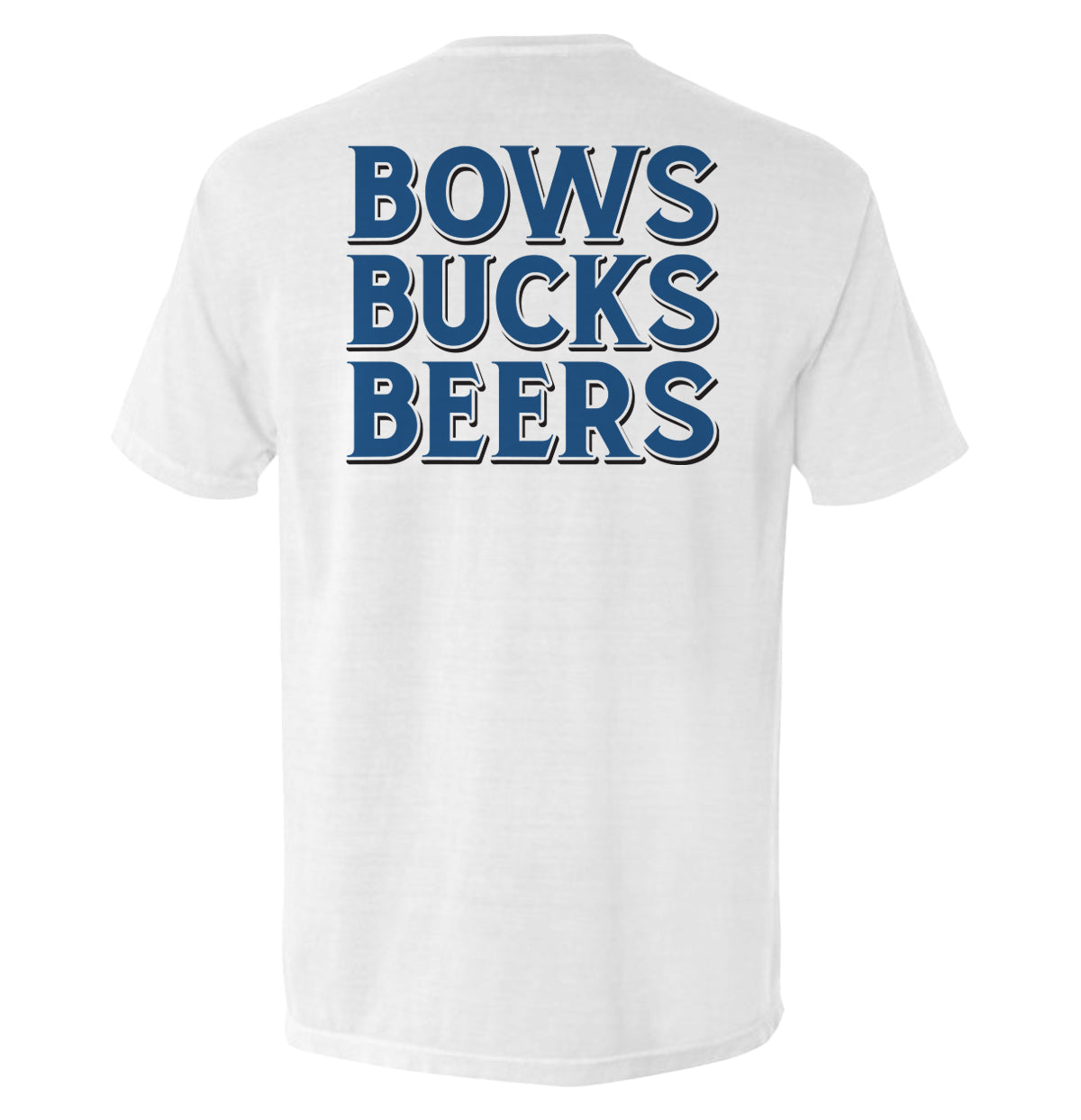 Sand T-shirt, back graphic 'BOWS BUCKS BEERS' in navy