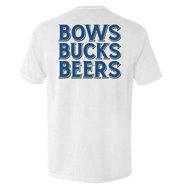 Sand T-shirt, back graphic 'BOWS BUCKS BEERS' in navy