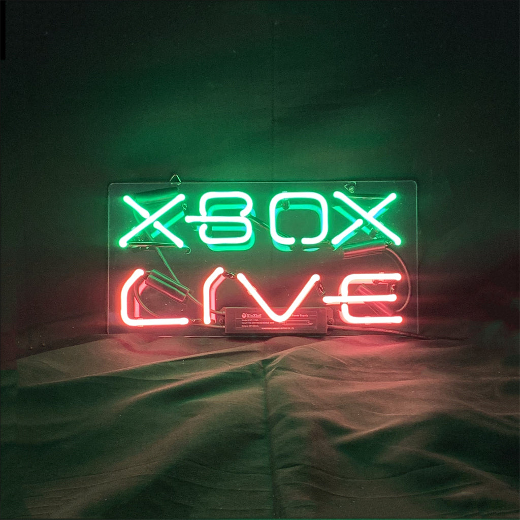 Neon LED sign: green XBOX and red LIVE letters on a rectangular board