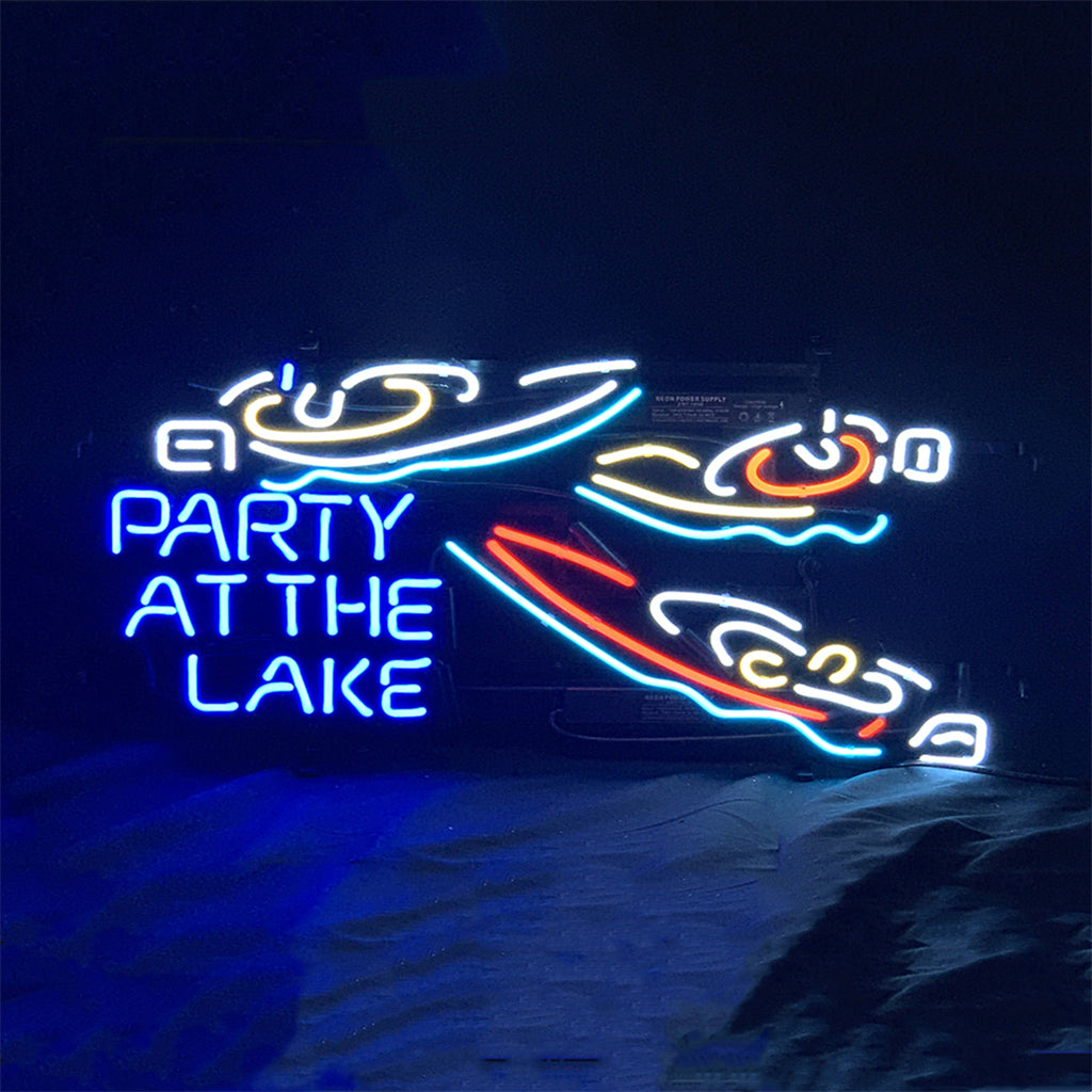 Neon sign with yacht outline and text “PARTY AT THE LAKE” in blue and red