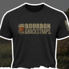 Black crewneck T-shirt with centered Bourbon & Backstraps graphic on front
