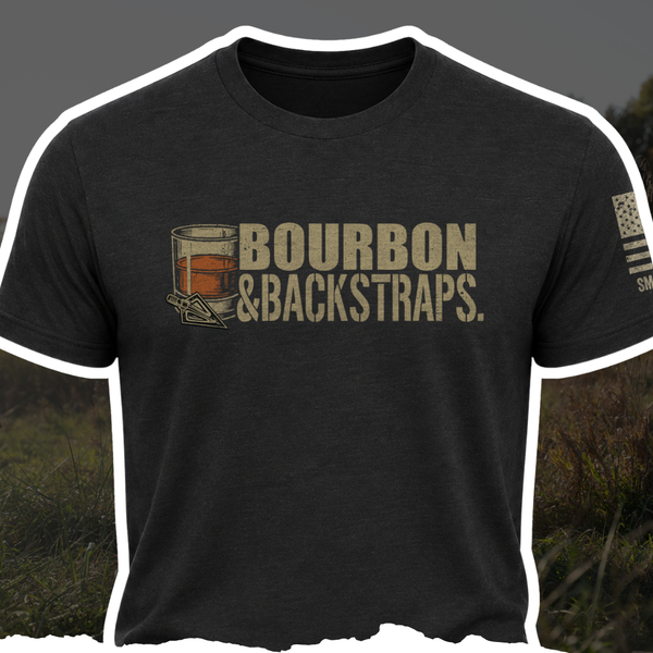 Black crewneck T-shirt with centered Bourbon & Backstraps graphic on front