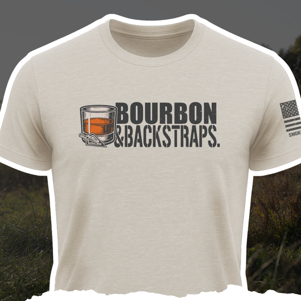 Sand crewneck graphic tee with Bourbon & Backstraps logo on front