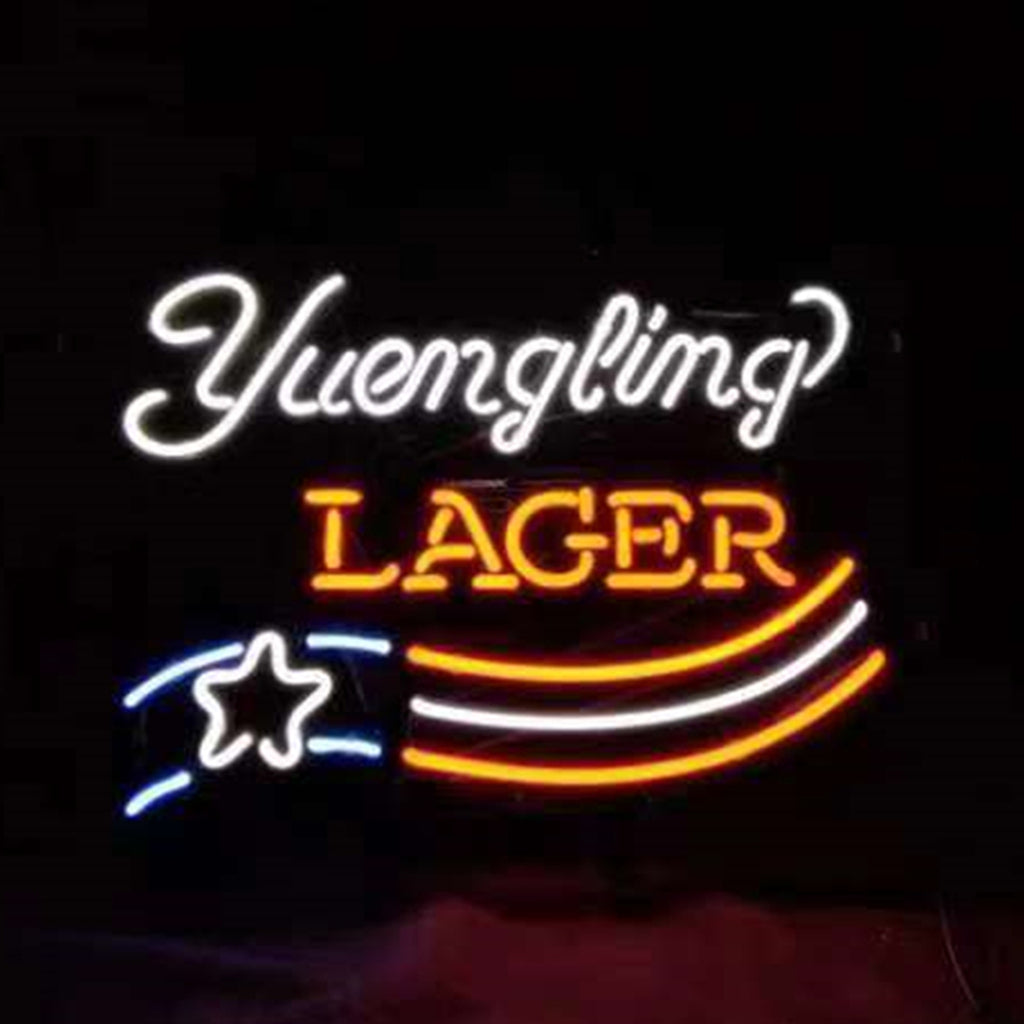 Yuengling Lager star neon sign with white script, orange LAGER, and blue star icon