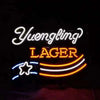 Yuengling Lager star neon sign with white script, orange LAGER, and blue star icon
