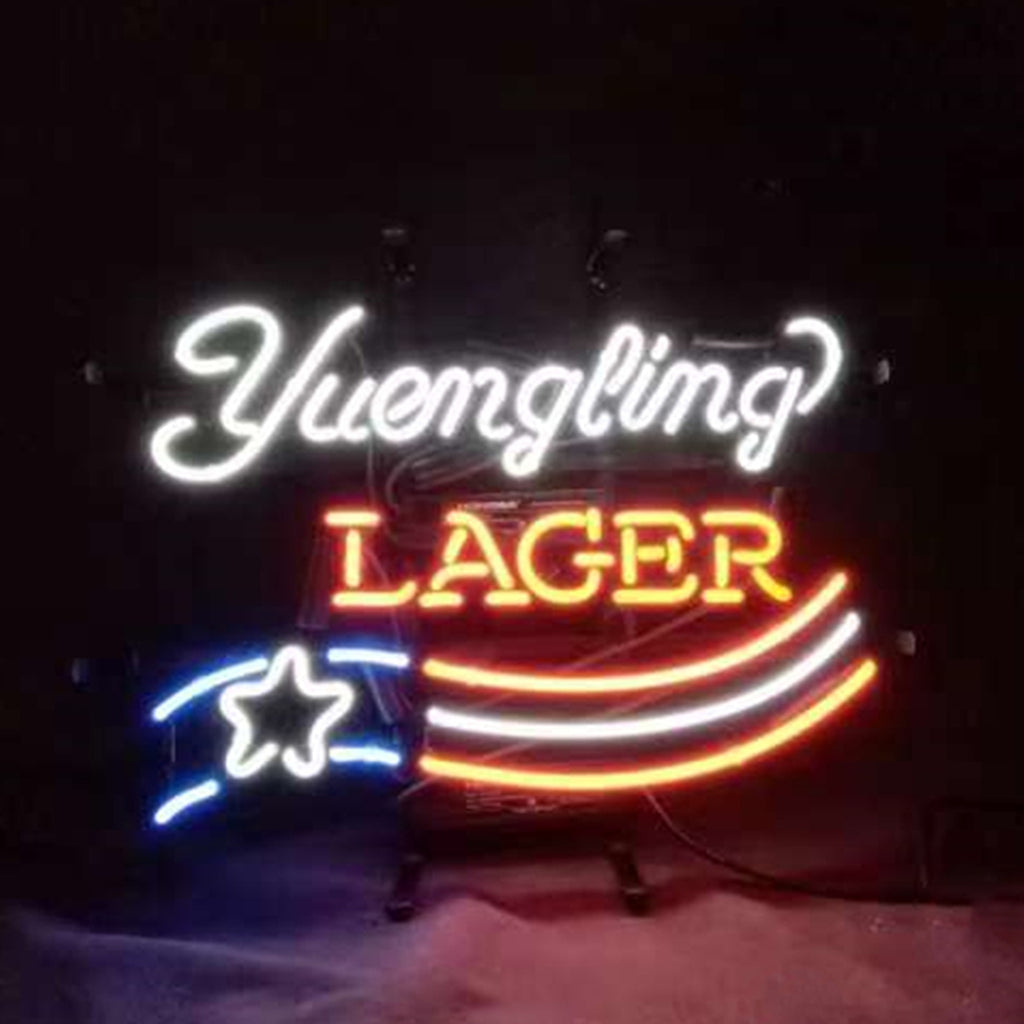 Yuengling Lager star neon sign with white script, orange LAGER, and blue-red arcs