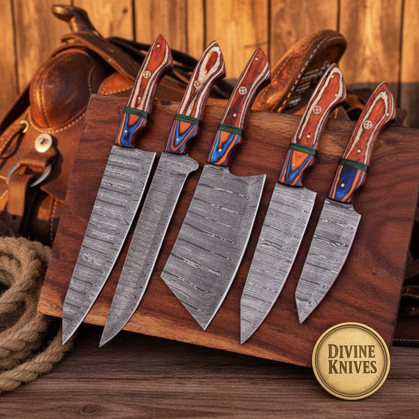 Crimson Vortex Chef Knife Set with 5 Forged Damascus Blades